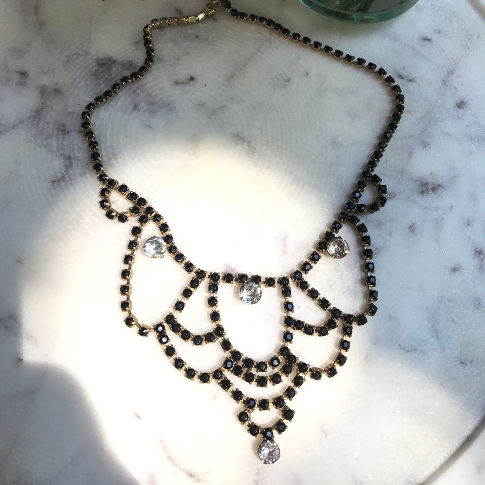 VINTAGE 1970s Black & Clear Rhinestone Choker